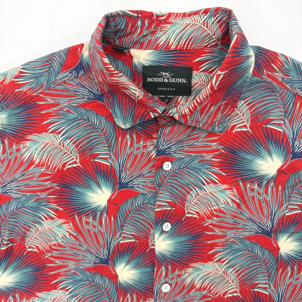Rodd & Gunn Button Up Mens S Red Tropical Palm Leaf Sports Fit Short Sleeve